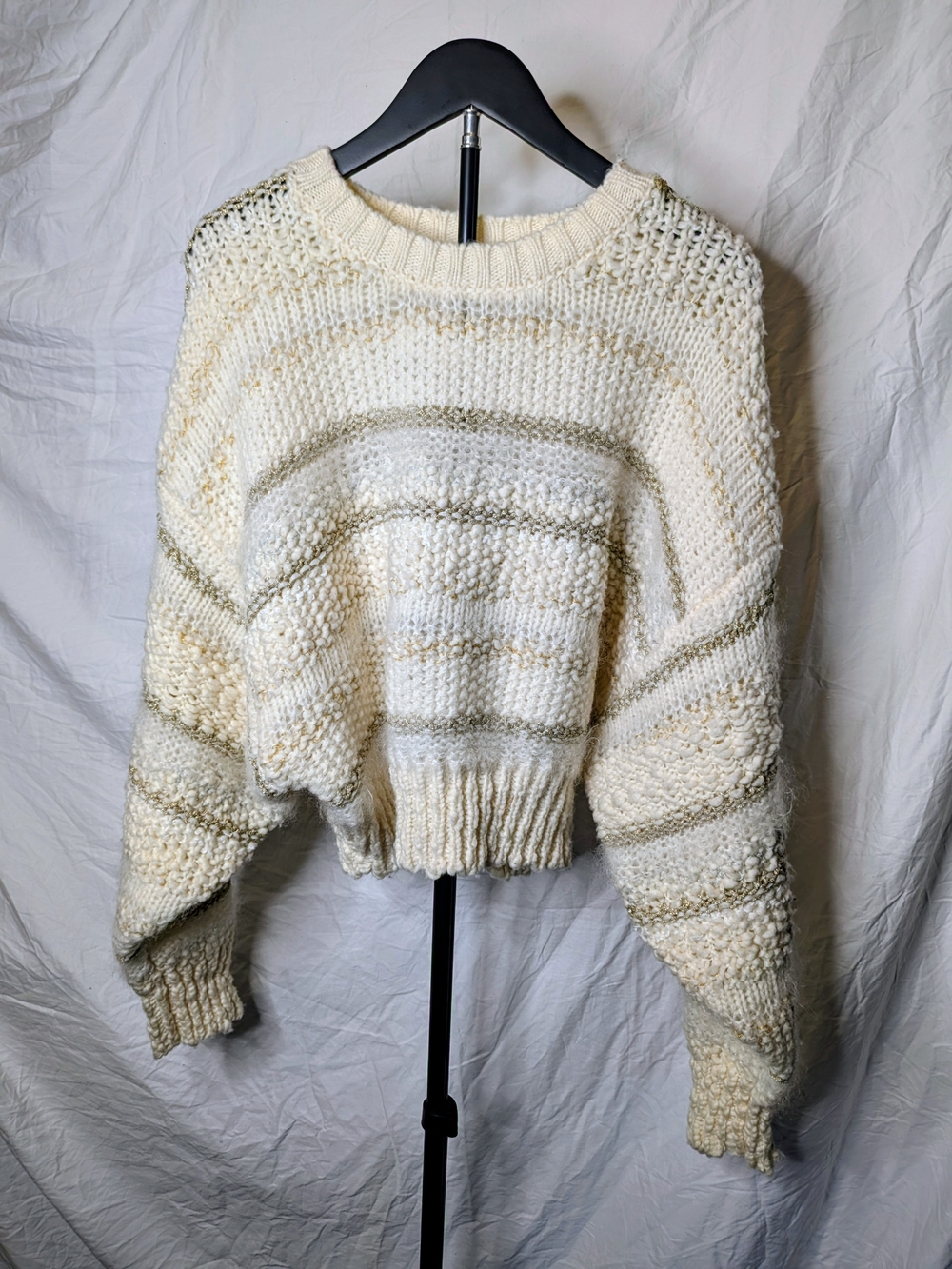 FRAME Women's Cream Textured Striped Cropped Sweater Gold & Silver Embellishment